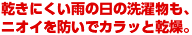 乾きにくい雨の日の洗濯物も、ニオイを防いでカラッと乾燥。